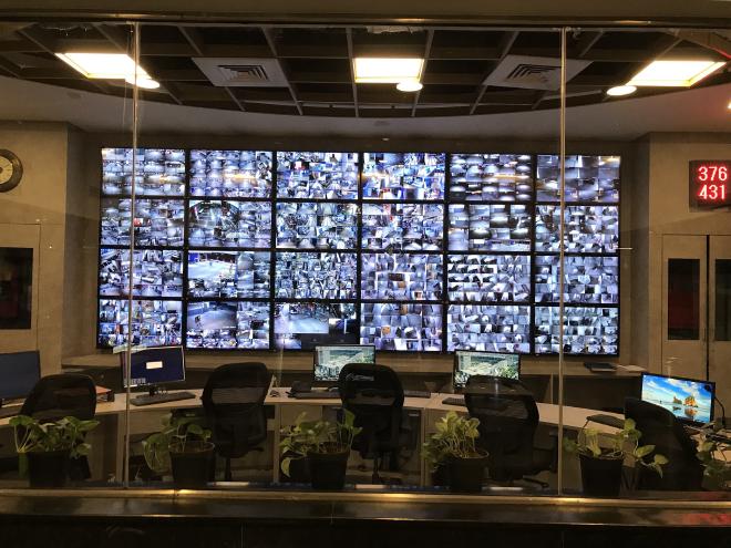 A control room with 100s of camera feeds.