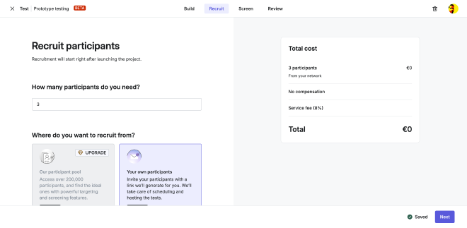 User test setup flow in Hotjar with HTML prototype